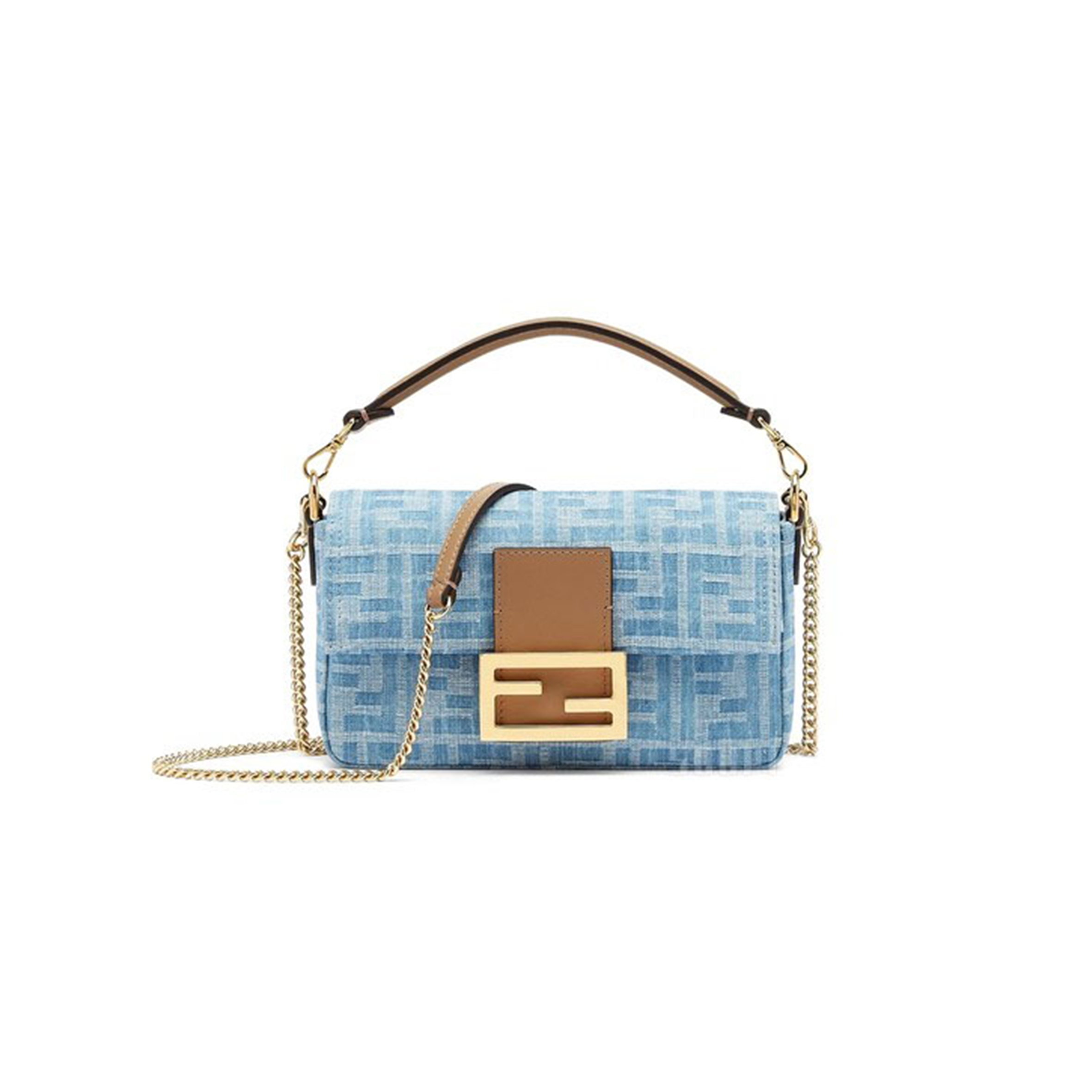 FENDI BAGUETTE MINI BAG LIGHT BLUE FF DENIM HANDBAG 8BS017AS3FF1PLM (19.5*11*5cm)